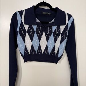 Navy Blue Argyle V-Neck Sweater
